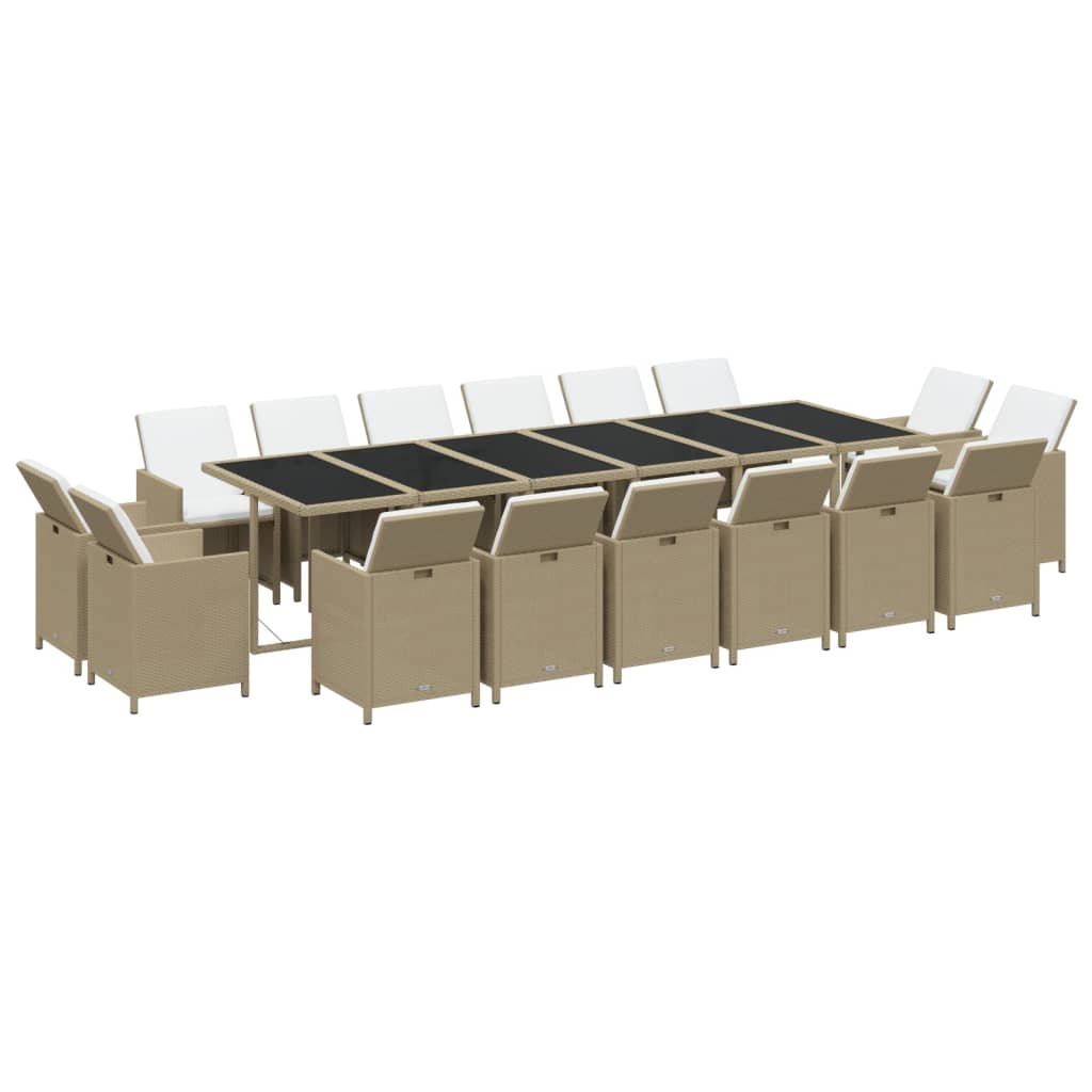 17 Pcs conjunto jantar p/ jardim c/ almofadões vime PE bege