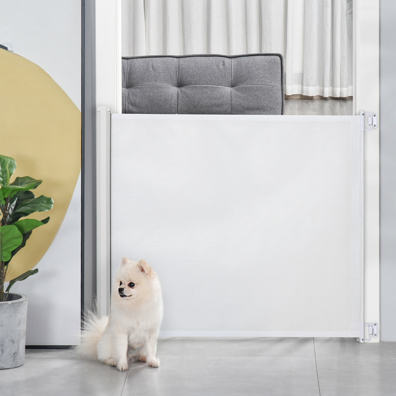 Barrera para Cães Retrátil Dobrável com Largura Ajustável 5,5-115 cm com Função de Enrolamento Automático Branco