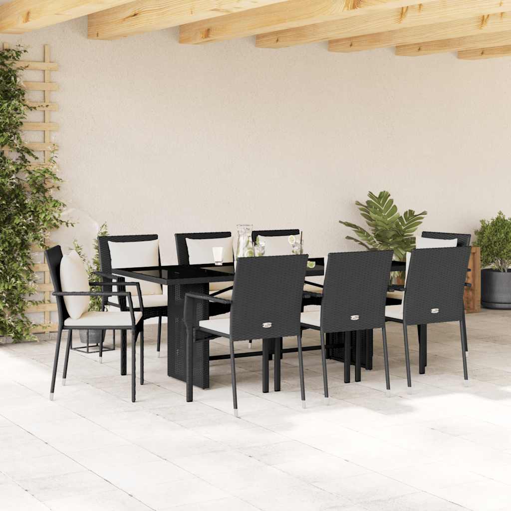 9 Pcs conjunto de jantar p/ jardim c/ almofadões vime PE preto