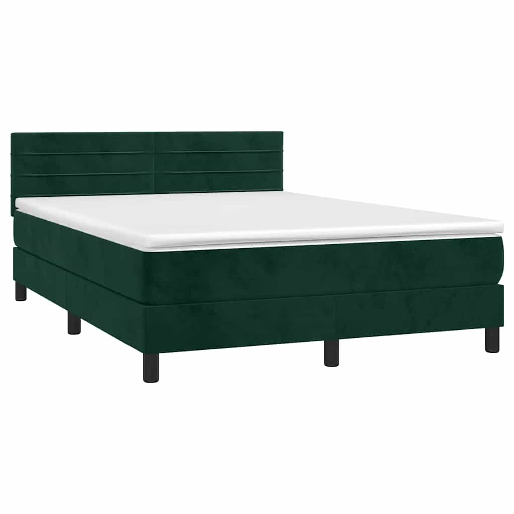 Cama box spring c/ colchão/LED 140x190 cm veludo verde-escuro