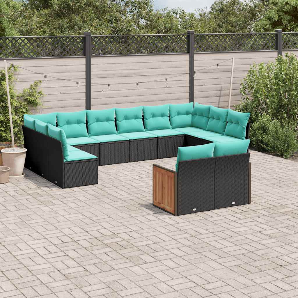 Conjunto de sofá de jardim com 12 peças e almofadas em rattan sintético preto