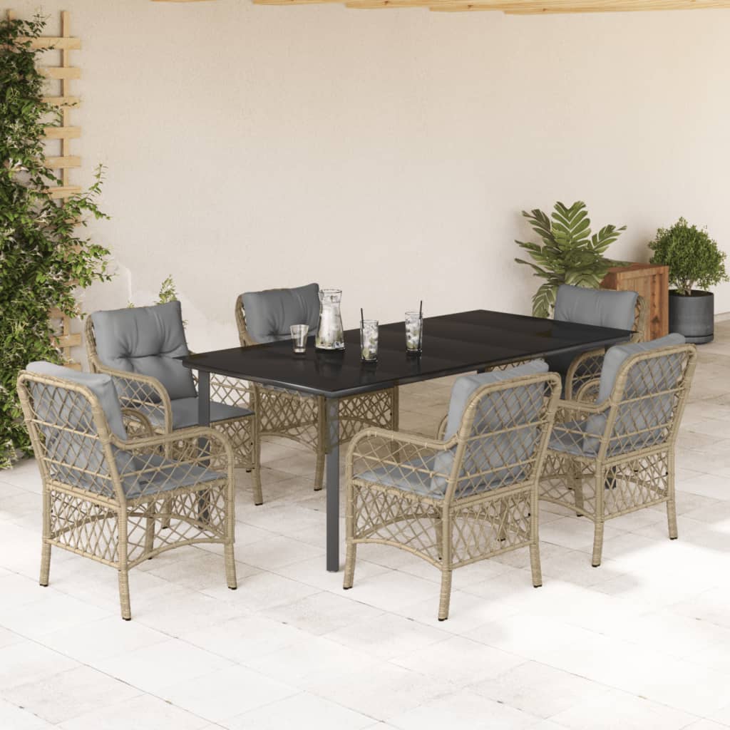 7 Pcs conj. jantar jardim c/ almofadões vime PE bege misturado