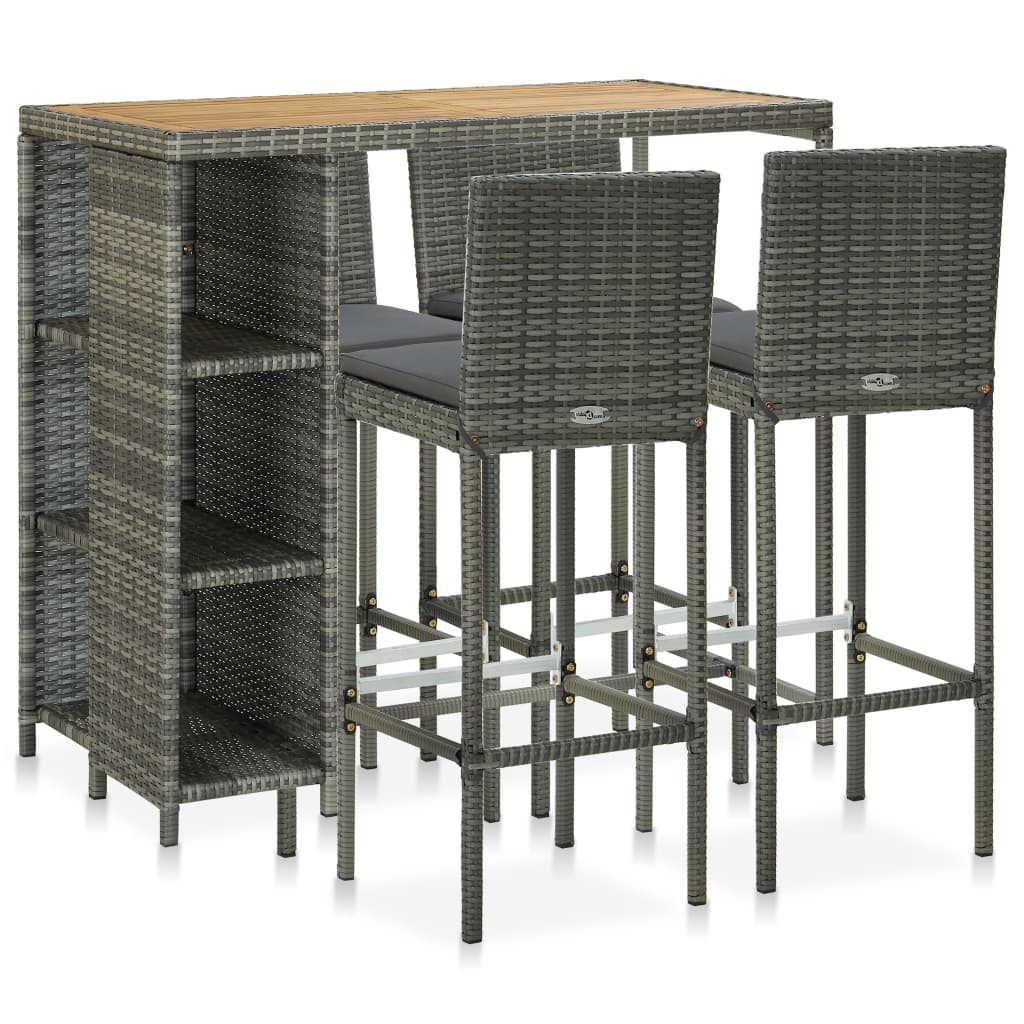 5 Pcs conjunto de bar p/ jardim c/ almofadões vime PE cinzento