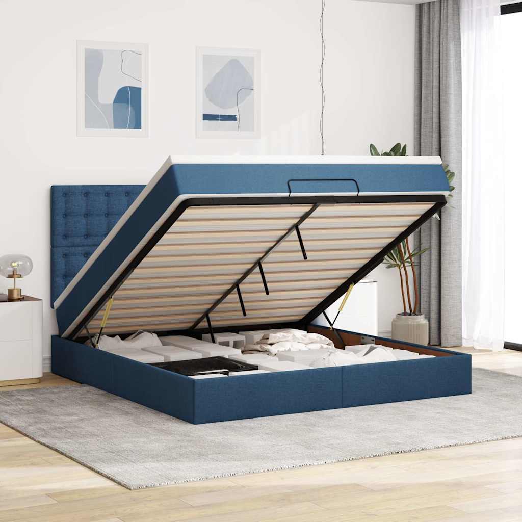 Estrutura de cama otomana com tecido azul colchão 180x200cm