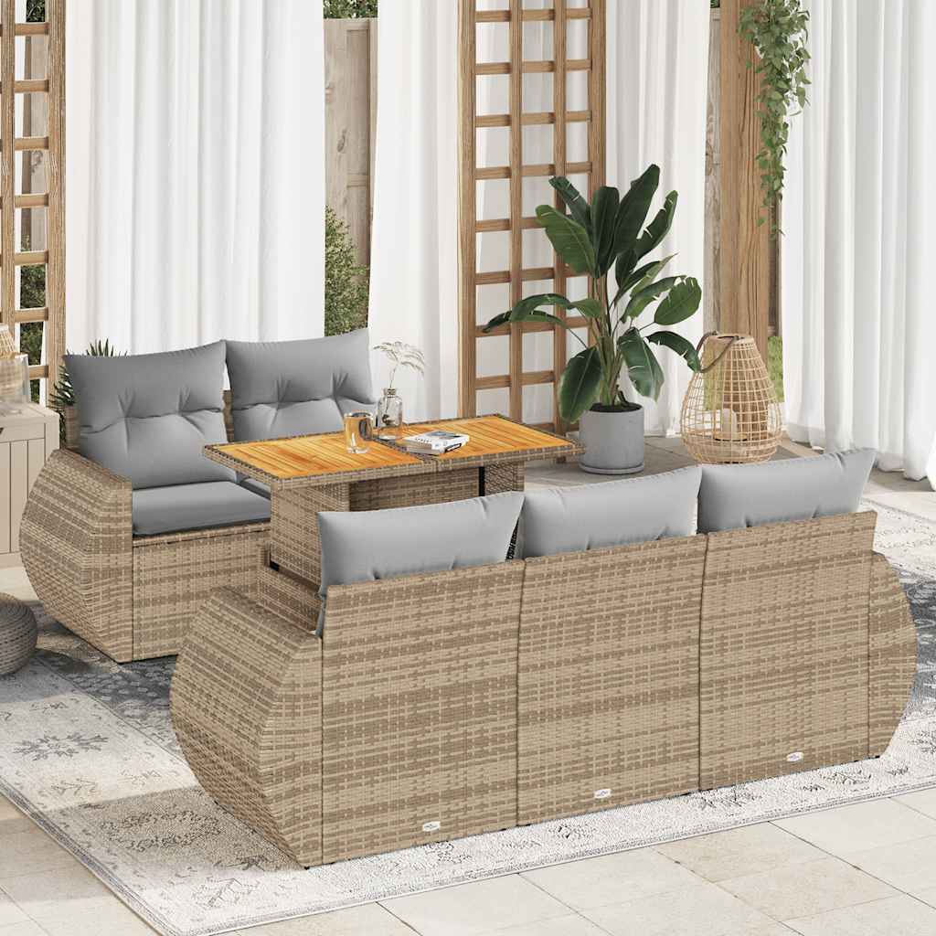 6 Pcs conjunto de sofás p/ jardim com almofadões vime PE bege
