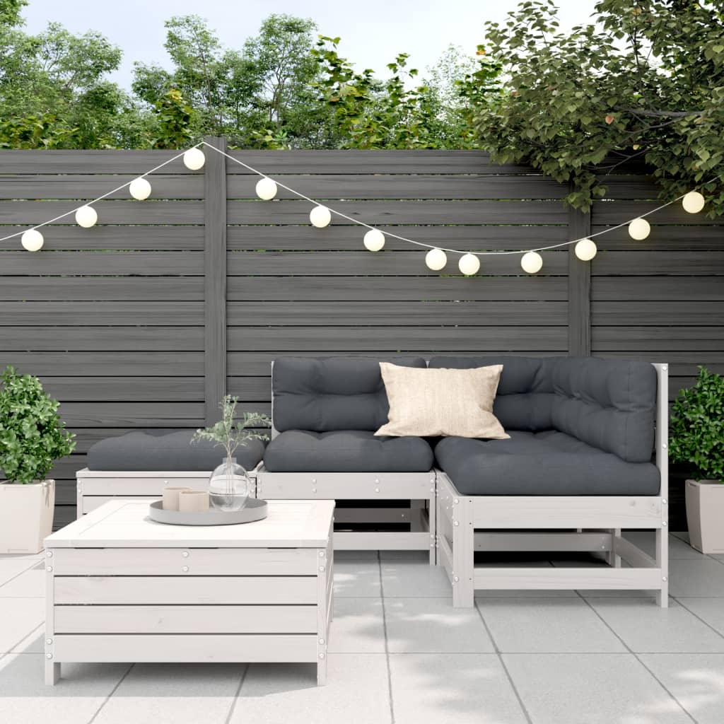 5 Pcs conj. lounge de jardim c/ almofadões pinho maciço branco