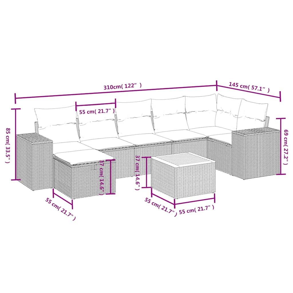 8 Pcs conjunto sofás de jardim com almofadões vime PE preto