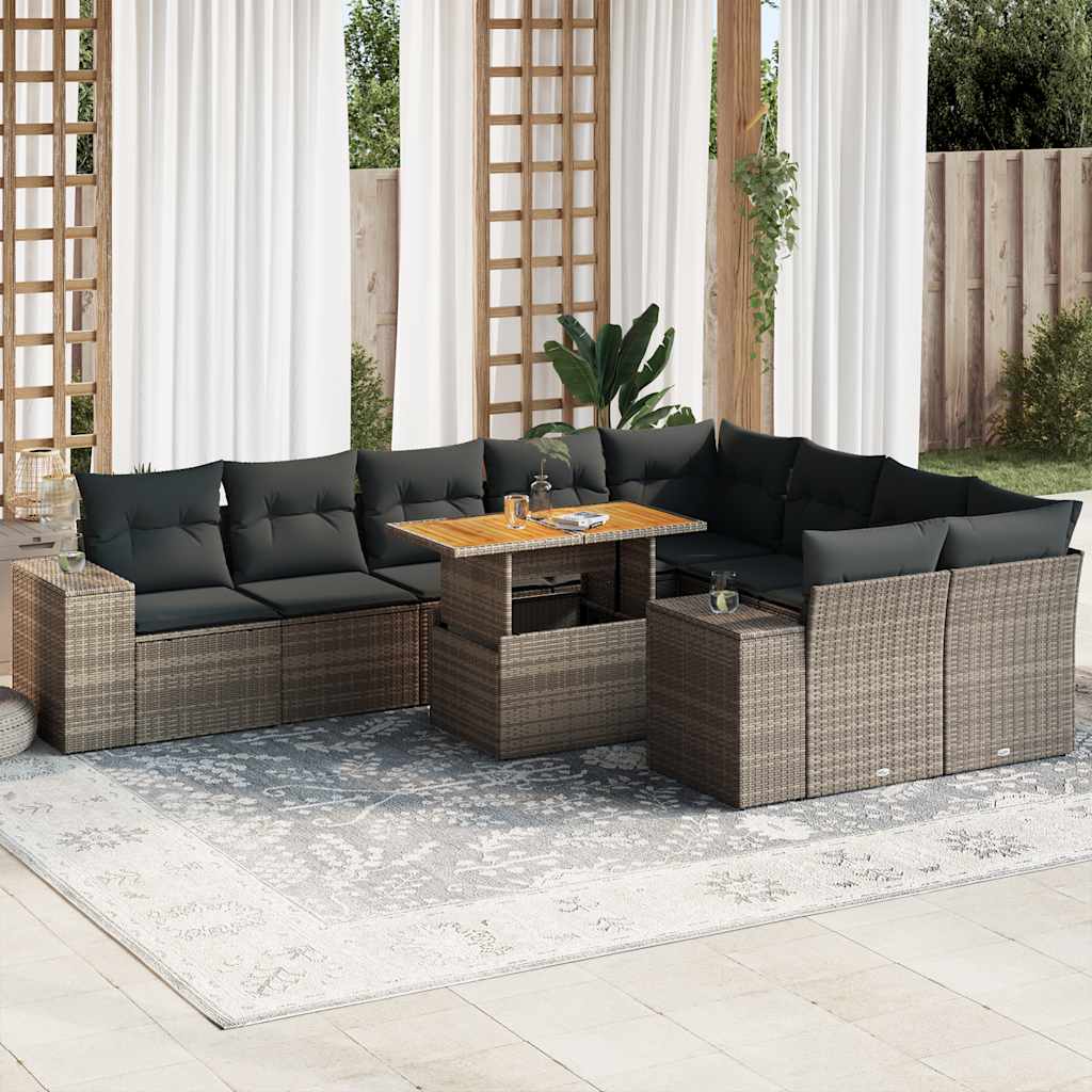 10 Pcs conjunto sofás jardim almofadões vime PE/acácia cinzento