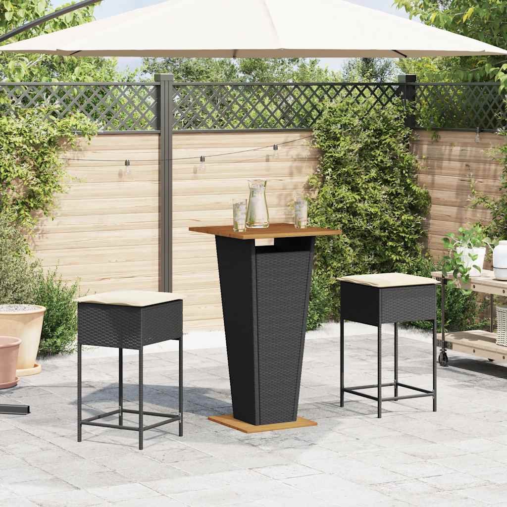 3 Pcs conjunto de bar para jardim c/ almofadões vime PE preto