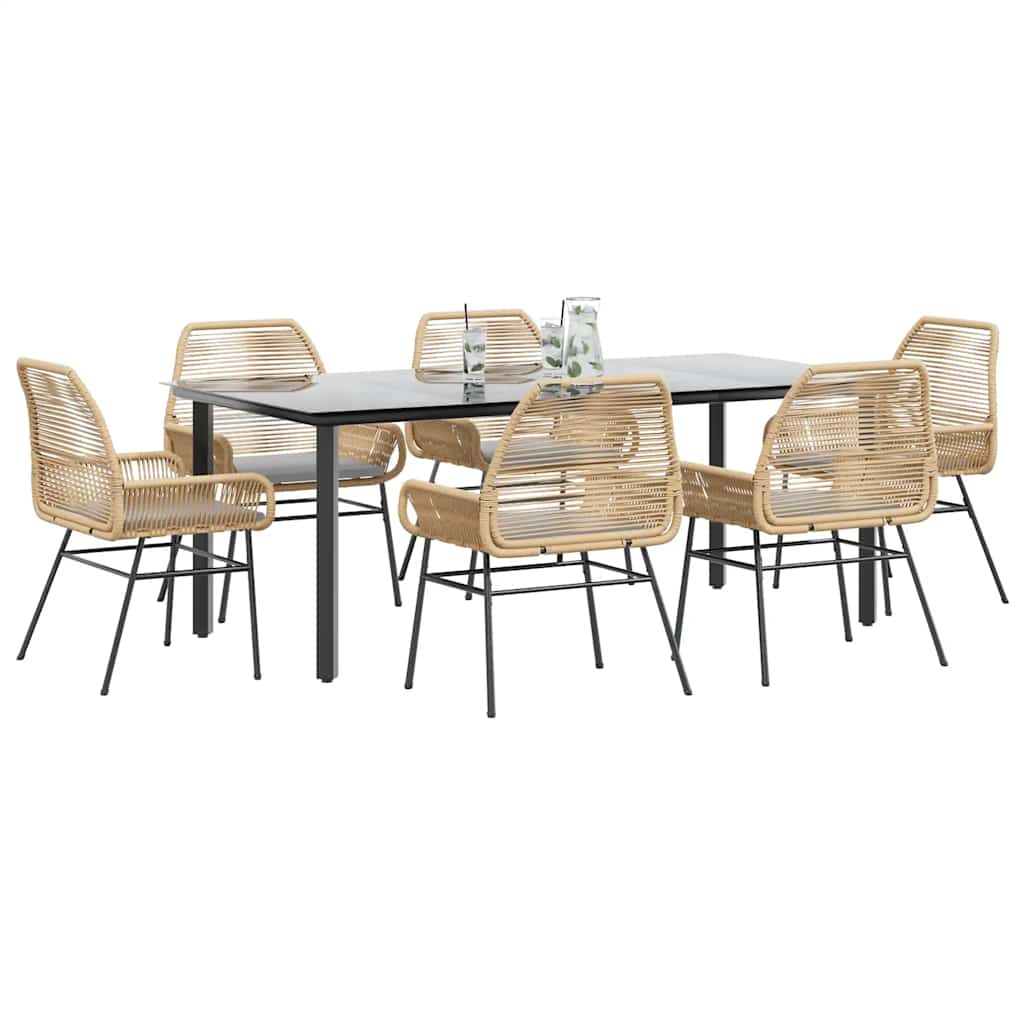 Conjunto jantar jardim 7 peças almofadas vidro vime PE castanho