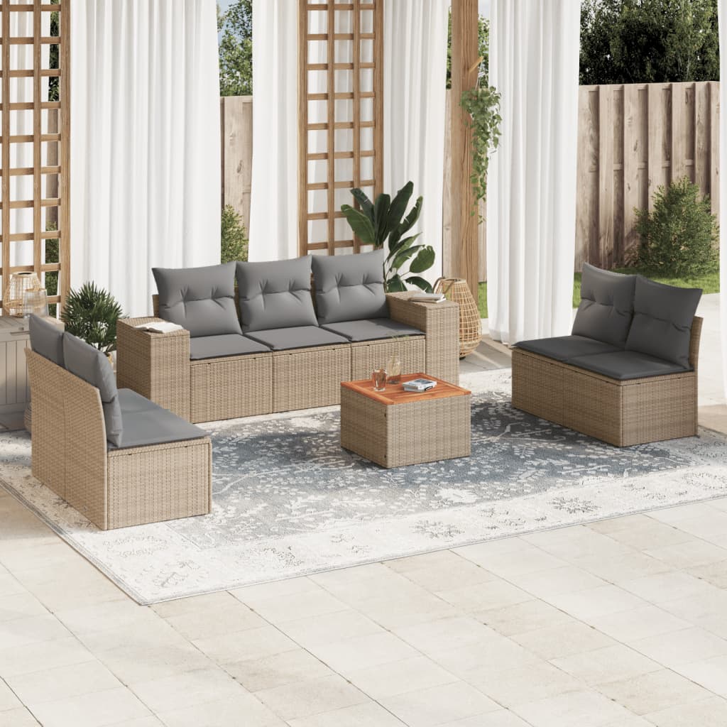 8 Pcs conjunto de sofás p/ jardim com almofadões vime PE bege