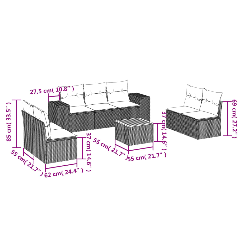 8 Pcs conjunto de sofás p/ jardim com almofadões vime PE bege