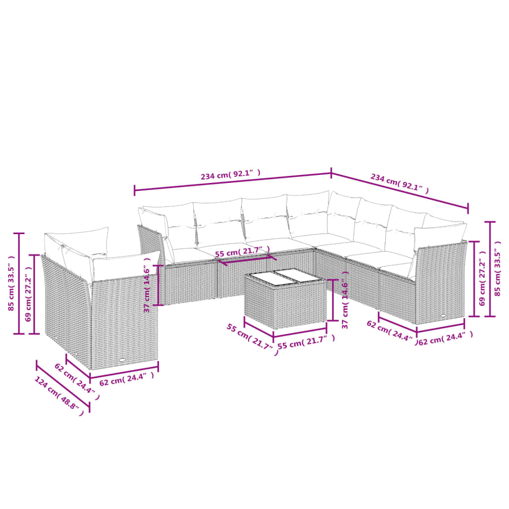 10 Pcs conjunto de sofás p/ jardim com almofadões vime PE bege