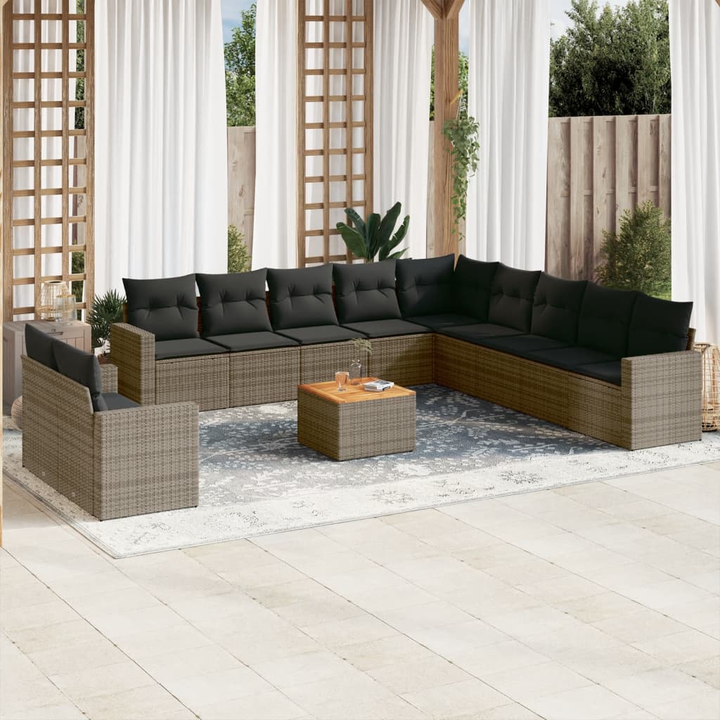 12 Pcs conjunto de sofás jardim c/ almofadões vime PE cinzento