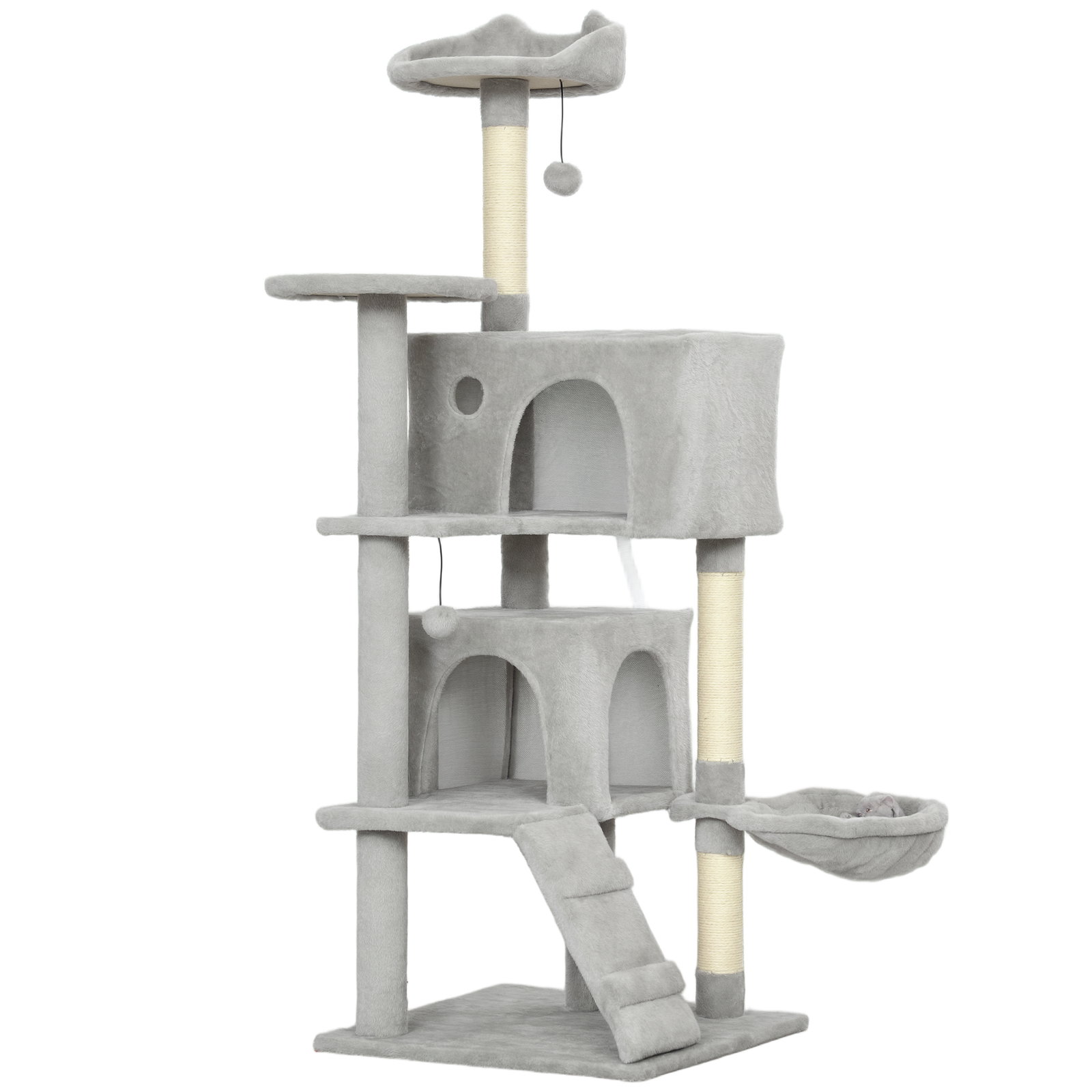 Arranhador para gatos com múltiplas plataformas cama 2 cavernas rede escada postes de sisal 48x48x140 cm cinzento claro
