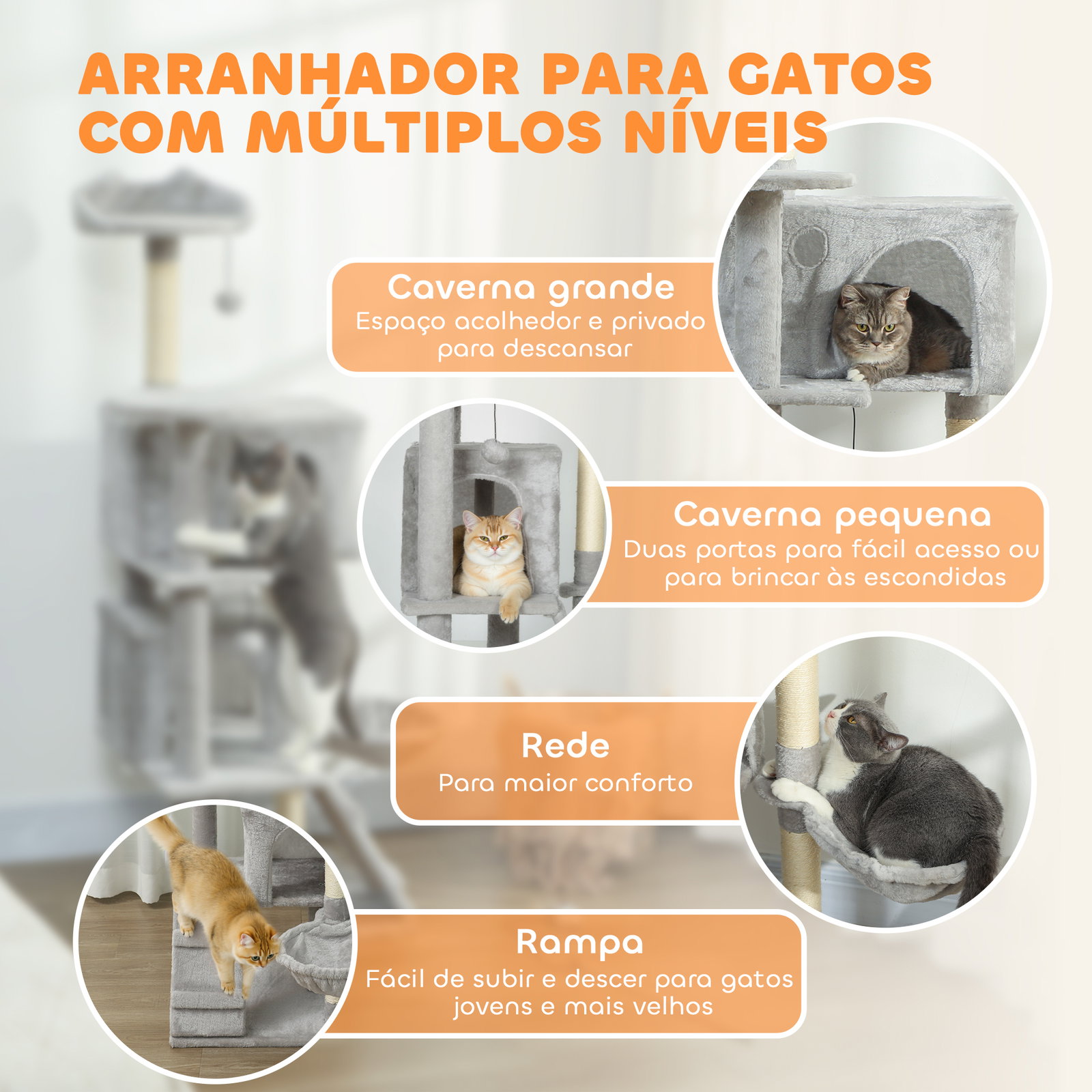 Arranhador para gatos com múltiplas plataformas cama 2 cavernas rede escada postes de sisal 48x48x140 cm cinzento claro
