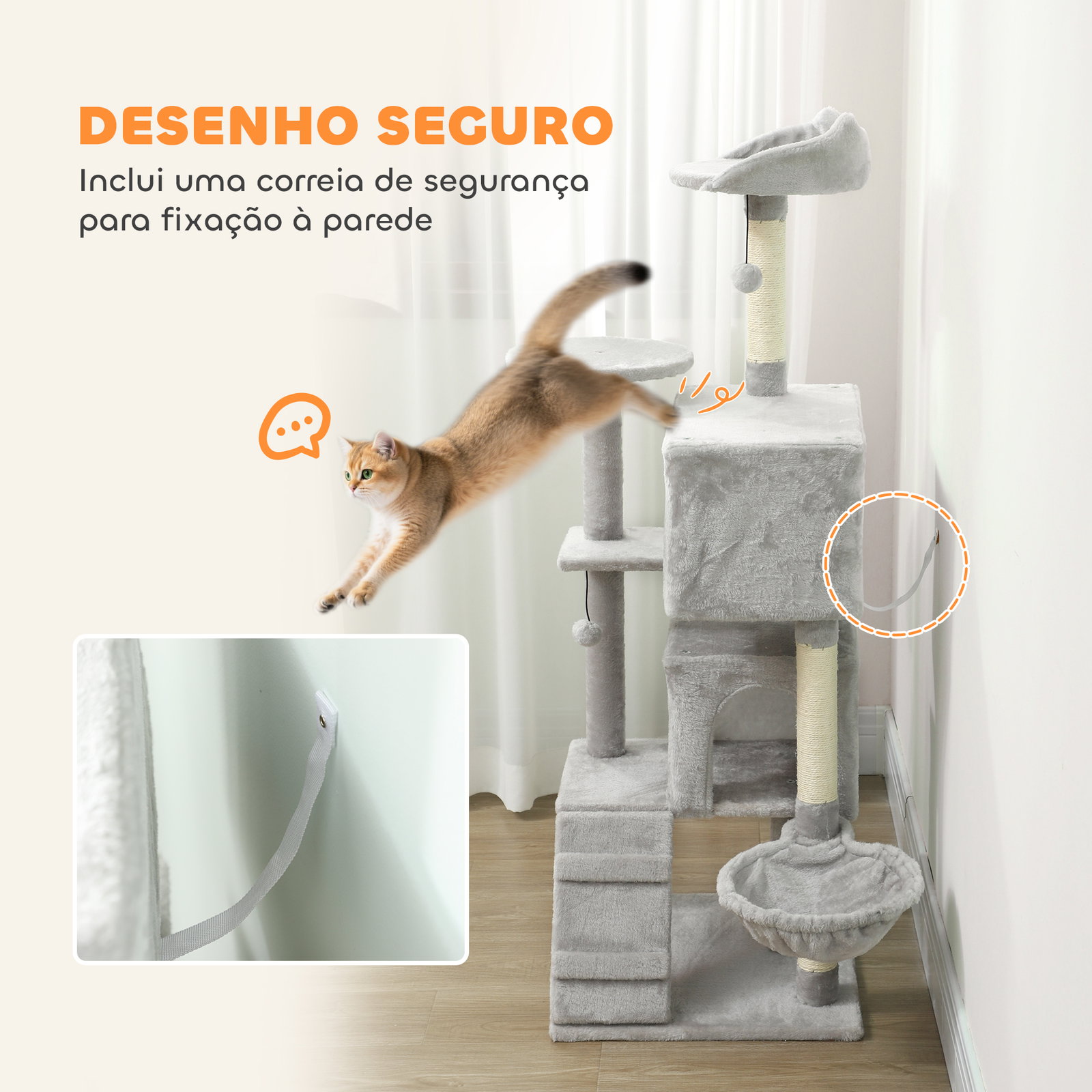 Arranhador para gatos com múltiplas plataformas cama 2 cavernas rede escada postes de sisal 48x48x140 cm cinzento claro