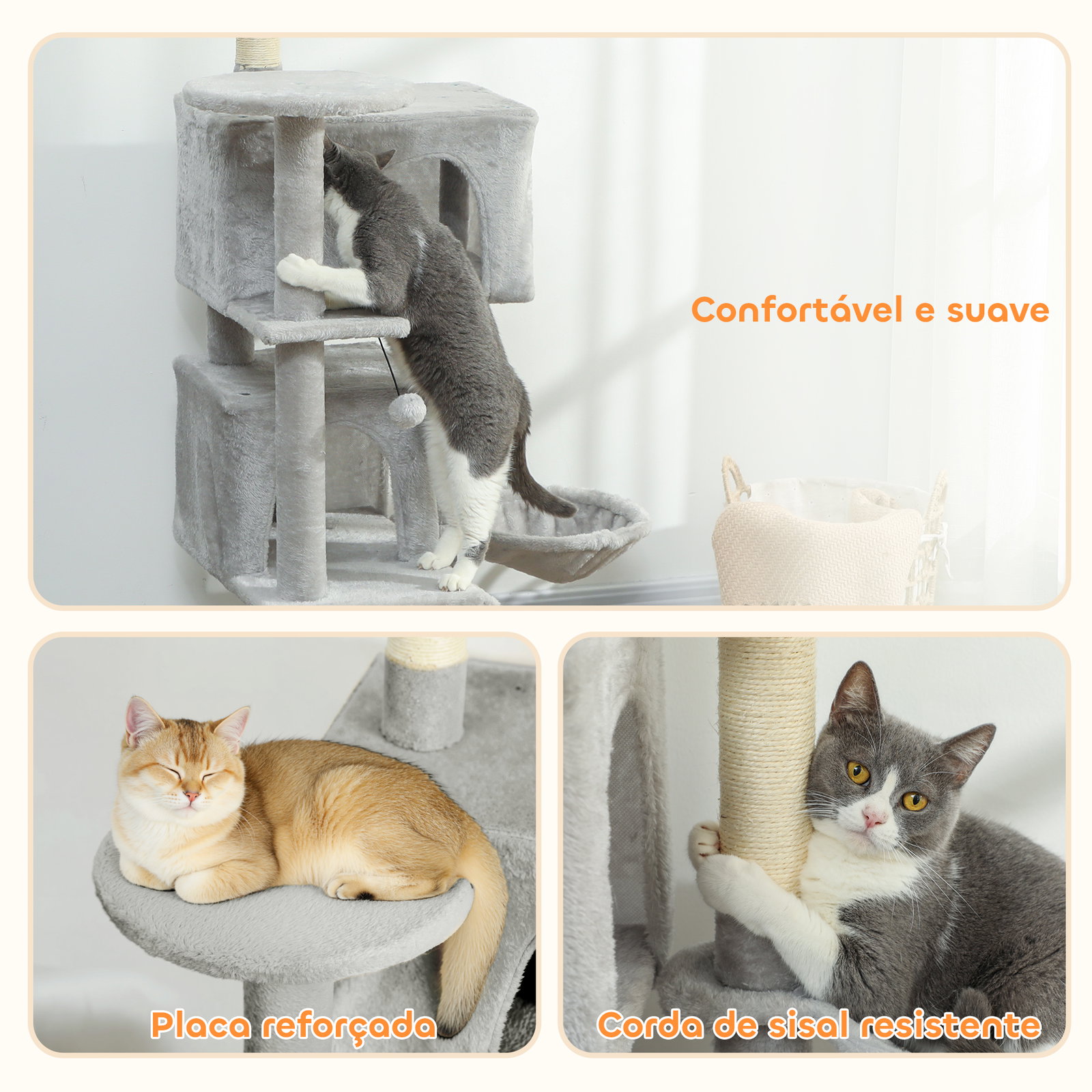 Arranhador para gatos com múltiplas plataformas cama 2 cavernas rede escada postes de sisal 48x48x140 cm cinzento claro