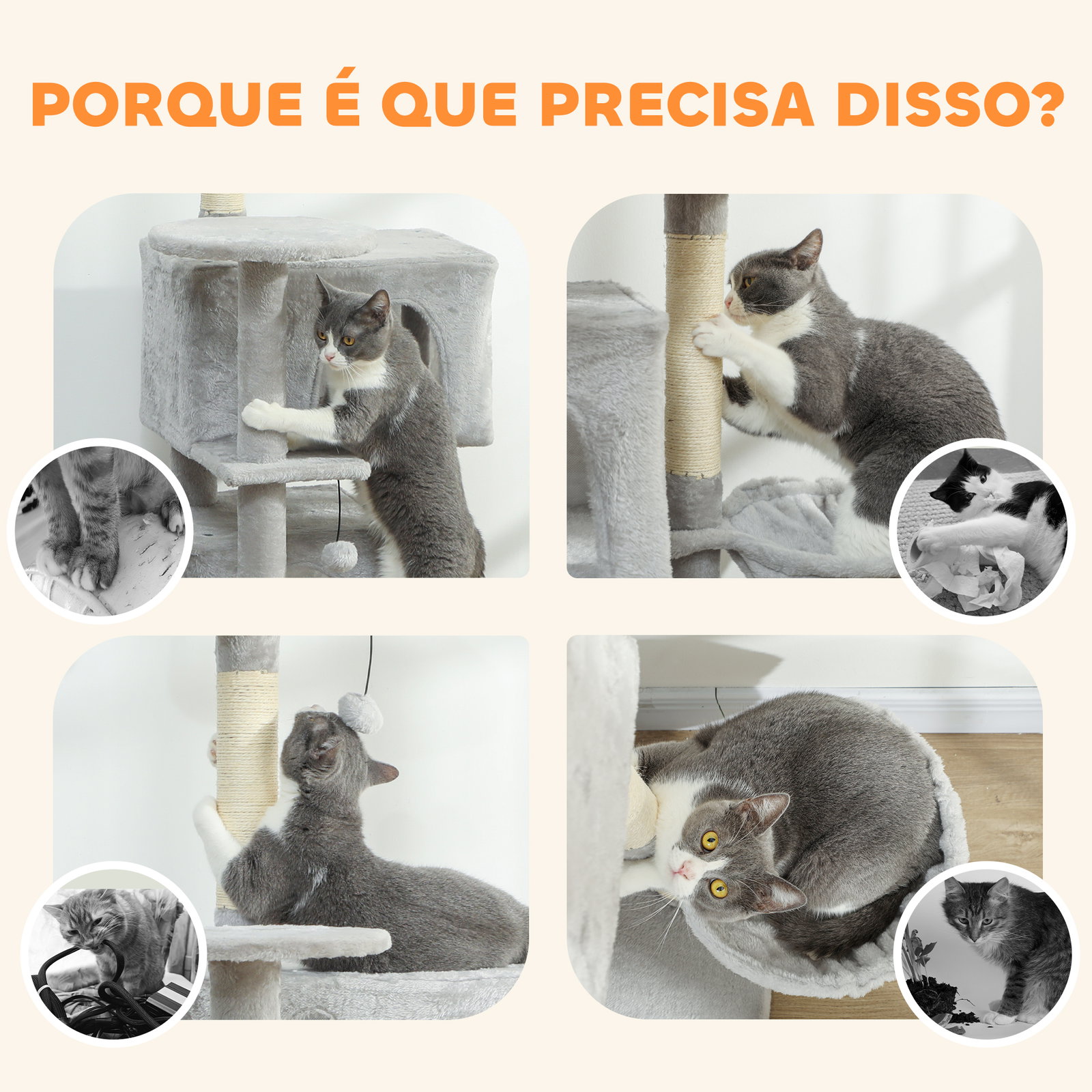 Arranhador para gatos com múltiplas plataformas cama 2 cavernas rede escada postes de sisal 48x48x140 cm cinzento claro
