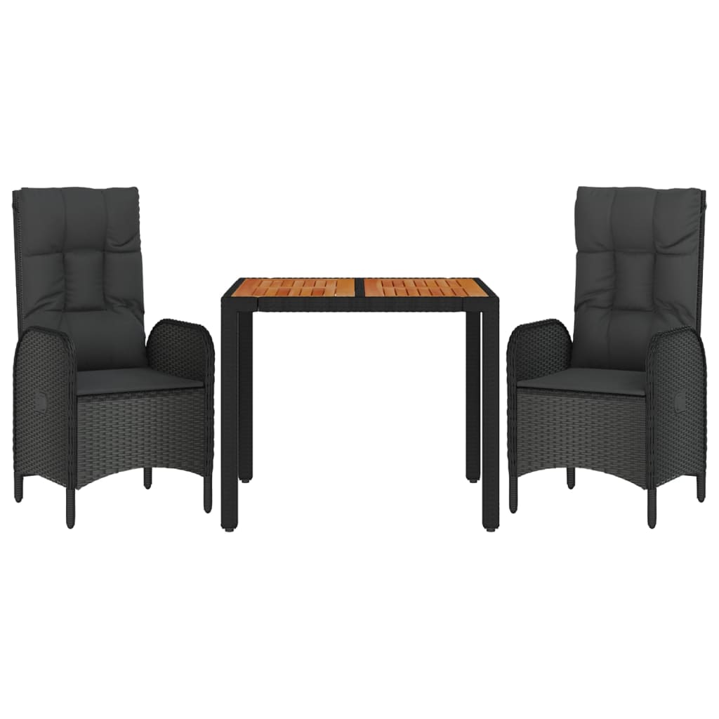 3 Pcs conjunto de jantar p/ jardim c/ almofadões vime PE preto