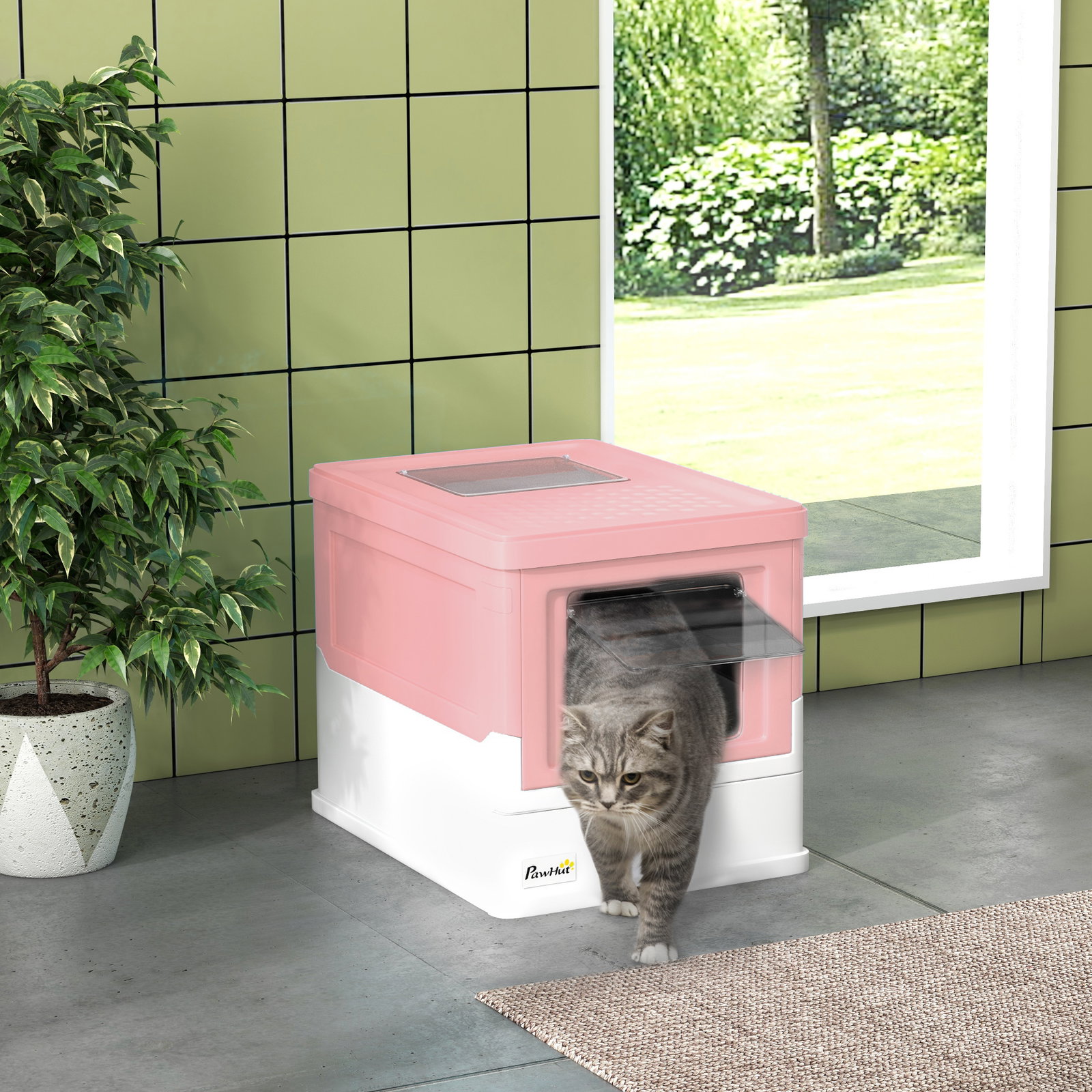 Caixa de areia para gatos dobrável caixa de areia para gatos fechada com bandeja removível e pá 47,5x35,5x36,7cm rosa