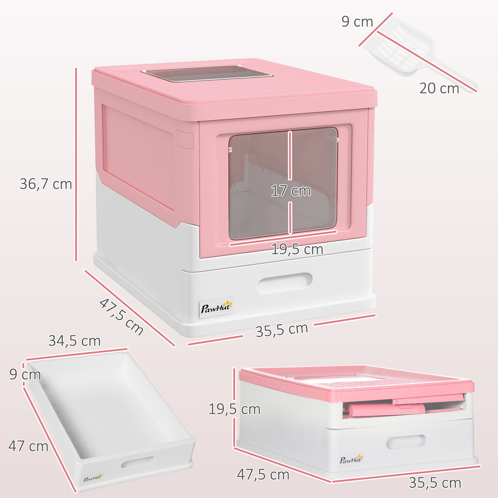 Caixa de areia para gatos dobrável caixa de areia para gatos fechada com bandeja removível e pá 47,5x35,5x36,7cm rosa