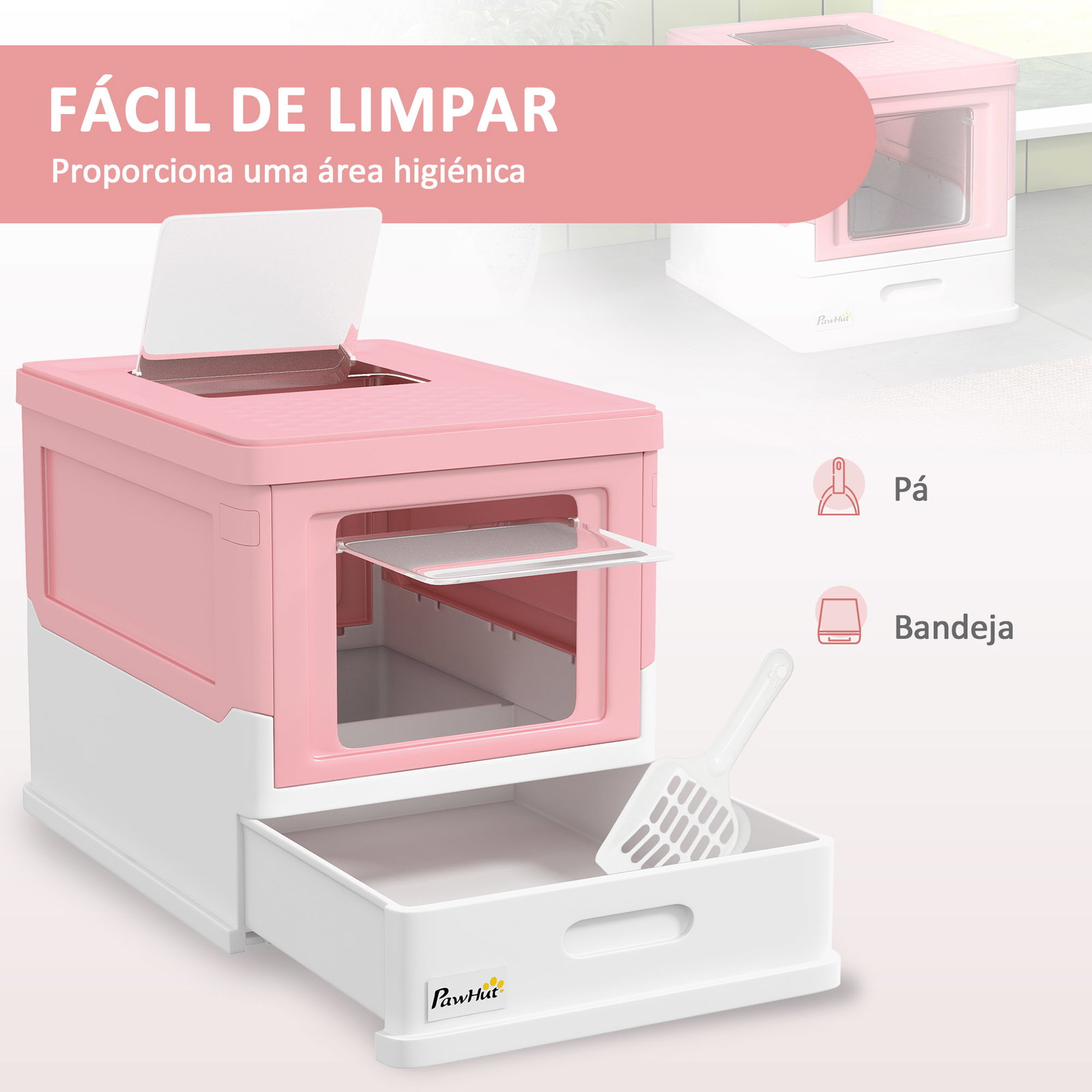 Caixa de areia para gatos dobrável caixa de areia para gatos fechada com bandeja removível e pá 47,5x35,5x36,7cm rosa