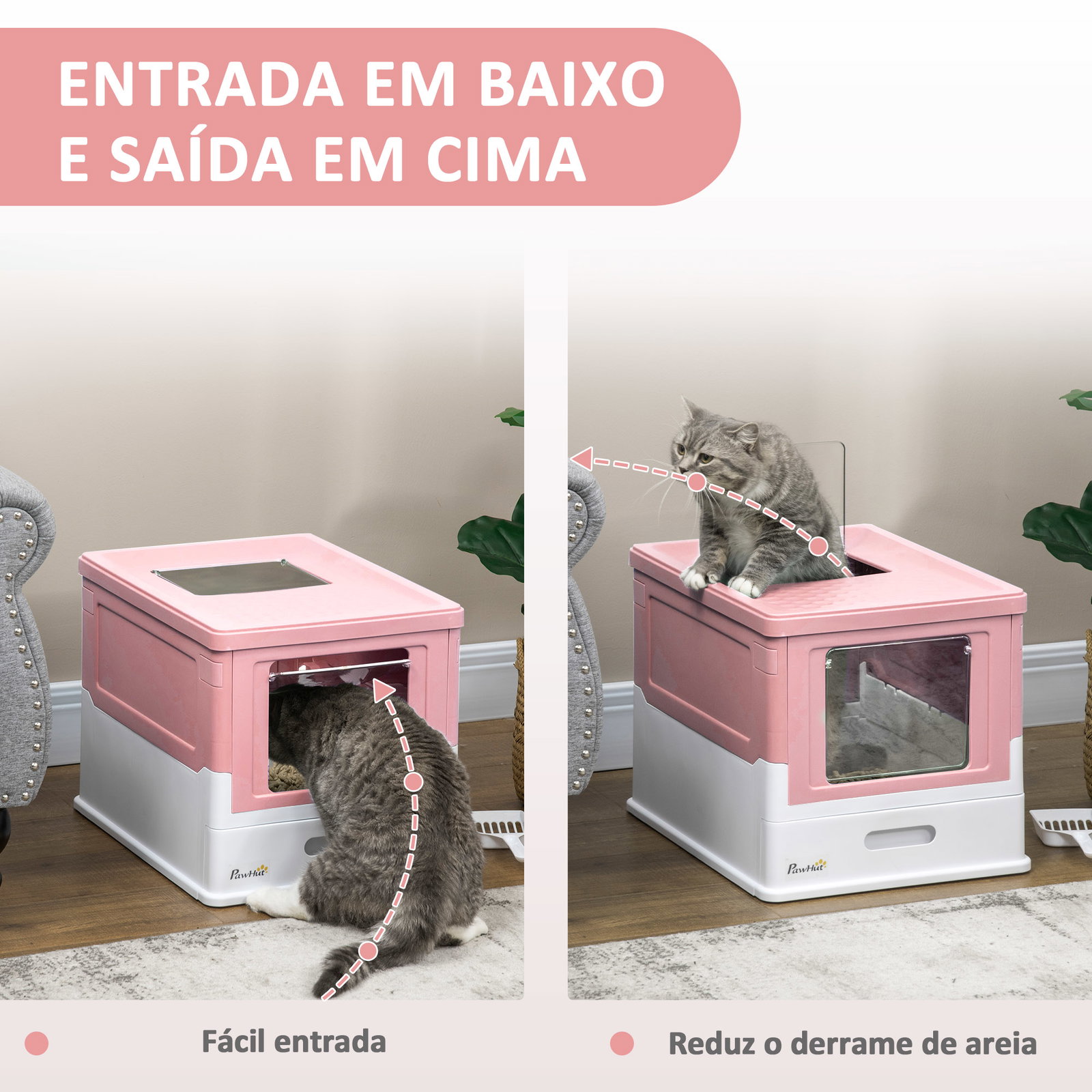 Caixa de areia para gatos dobrável caixa de areia para gatos fechada com bandeja removível e pá 47,5x35,5x36,7cm rosa