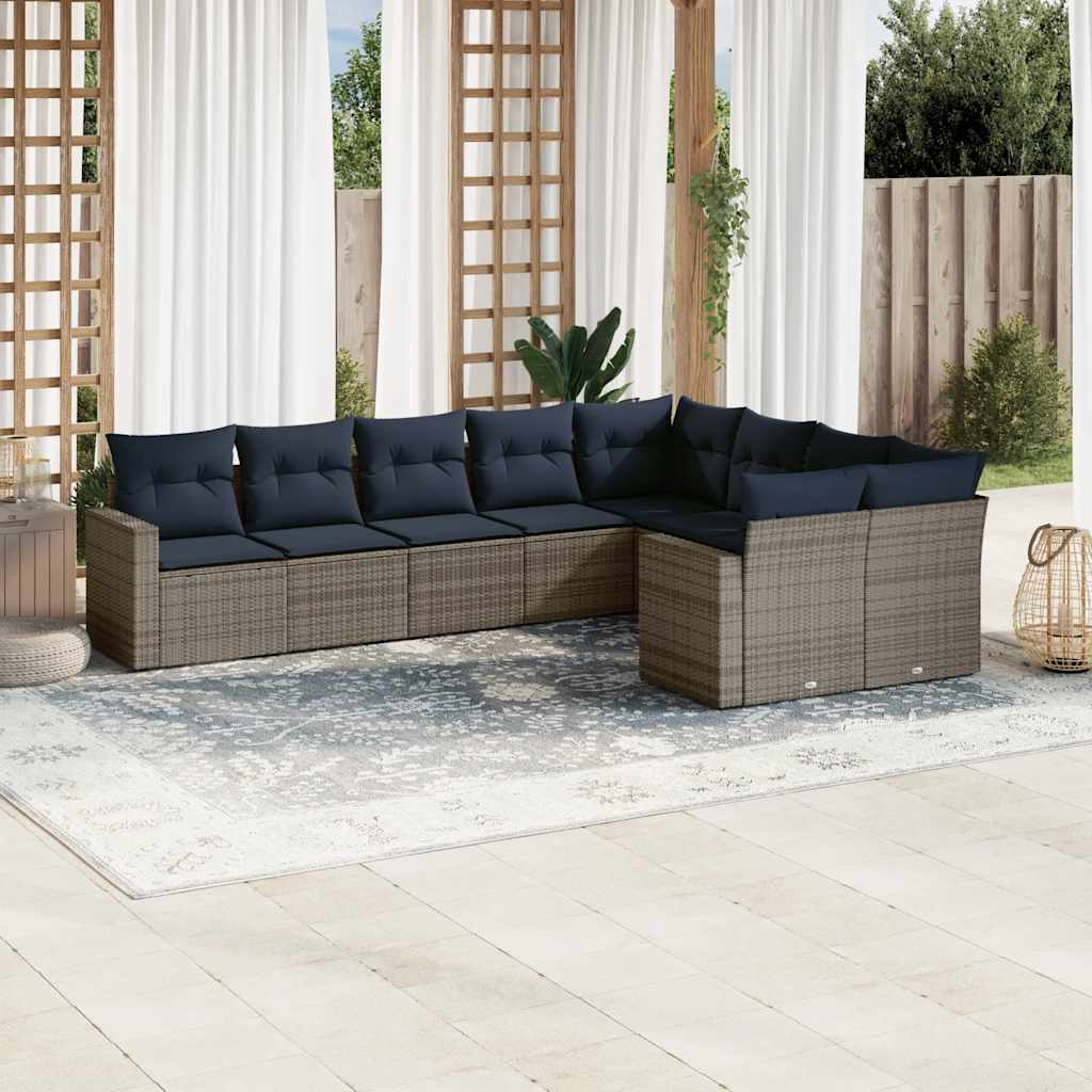 9 Pcs conjunto sofás p/ jardim c/ almofadões vime PE cinzento