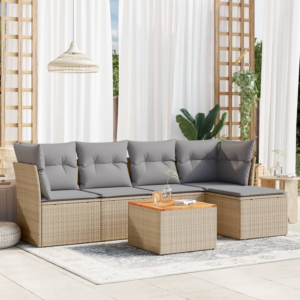 6 Pcs conjunto de sofás p/ jardim com almofadões vime PE bege