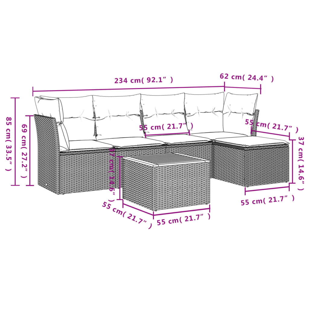 6 Pcs conjunto de sofás p/ jardim com almofadões vime PE bege