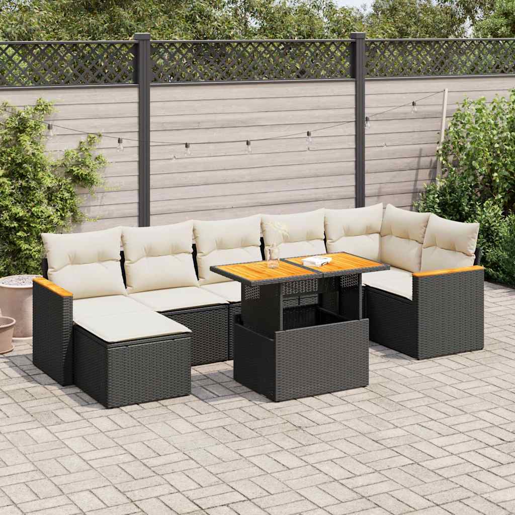8 Pcs conjunto sofás jardim com almofadões vime PE/acácia preto