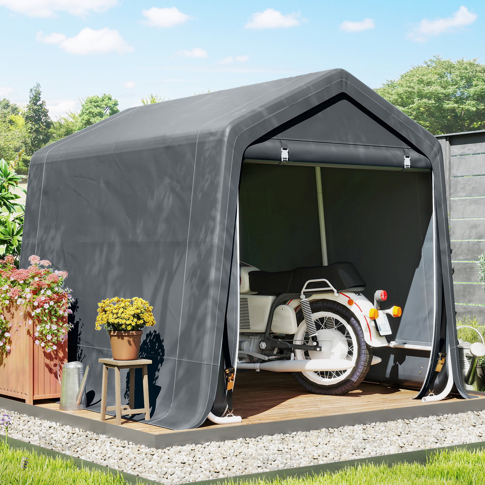 Tenda de Jardim para Bicicletas com Estrutura Metálica, 2 Portas com Fecho, Impermeável, Anti-UV, 2,4x2x2 m, Cinzento Escuro