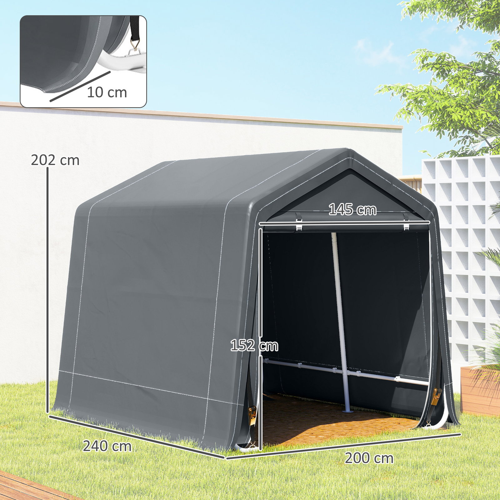 Tenda de Jardim para Bicicletas com Estrutura Metálica, 2 Portas com Fecho, Impermeável, Anti-UV, 2,4x2x2 m, Cinzento Escuro