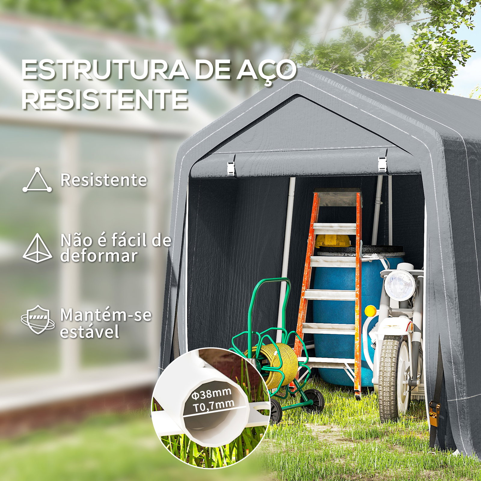 Tenda de Jardim para Bicicletas com Estrutura Metálica, 2 Portas com Fecho, Impermeável, Anti-UV, 2,4x2x2 m, Cinzento Escuro