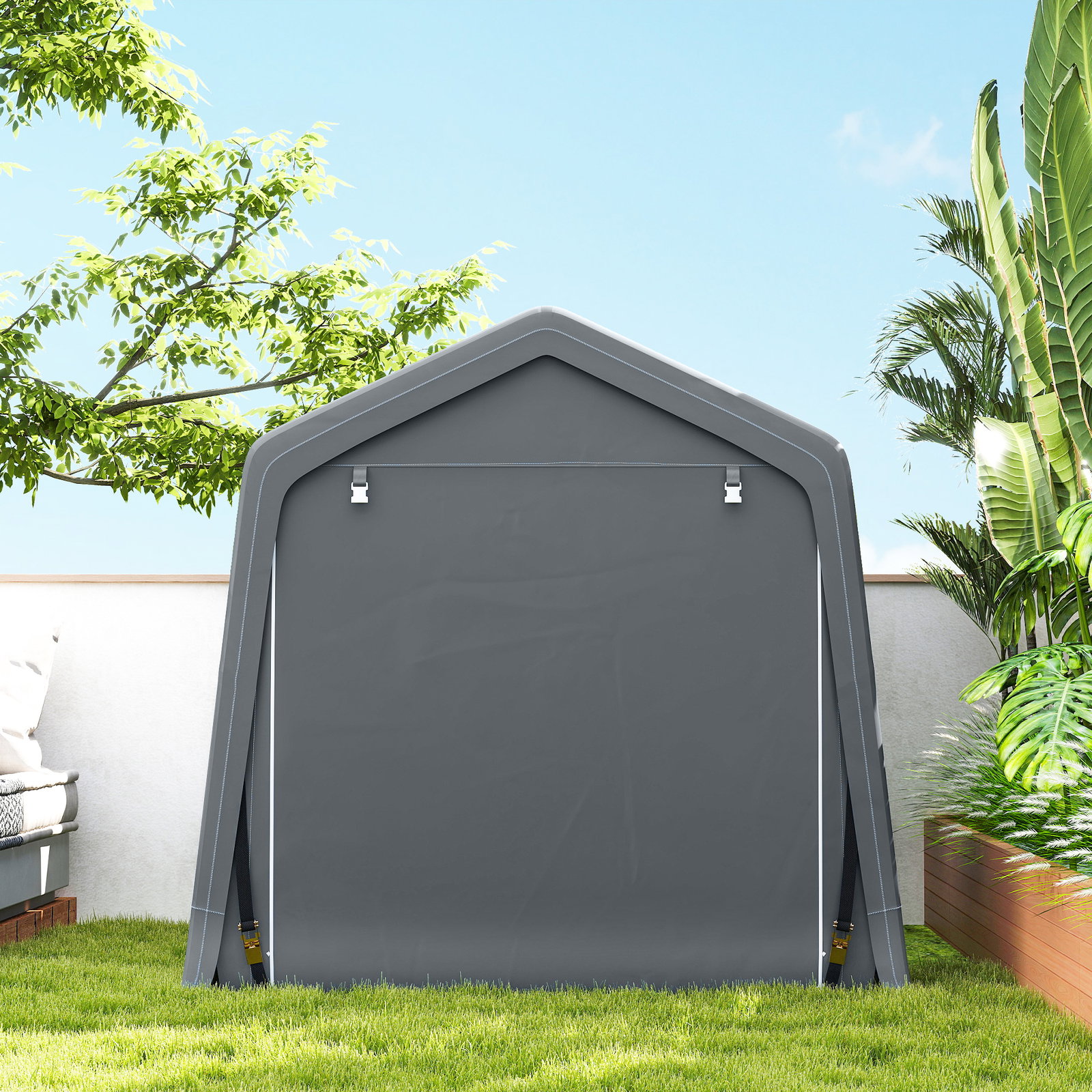 Tenda de Jardim para Bicicletas com Estrutura Metálica, 2 Portas com Fecho, Impermeável, Anti-UV, 2,4x2x2 m, Cinzento Escuro