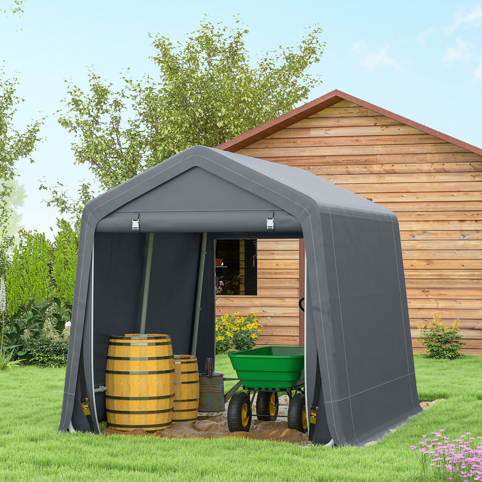 Tenda de Jardim para Bicicletas com Estrutura Metálica, 2 Portas com Fecho, Impermeável, Anti-UV, 2,4x2x2 m, Cinzento Escuro