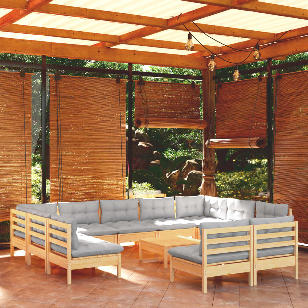 12Pcs conjunto lounge de jardim + almofadões cinza pinho maciço