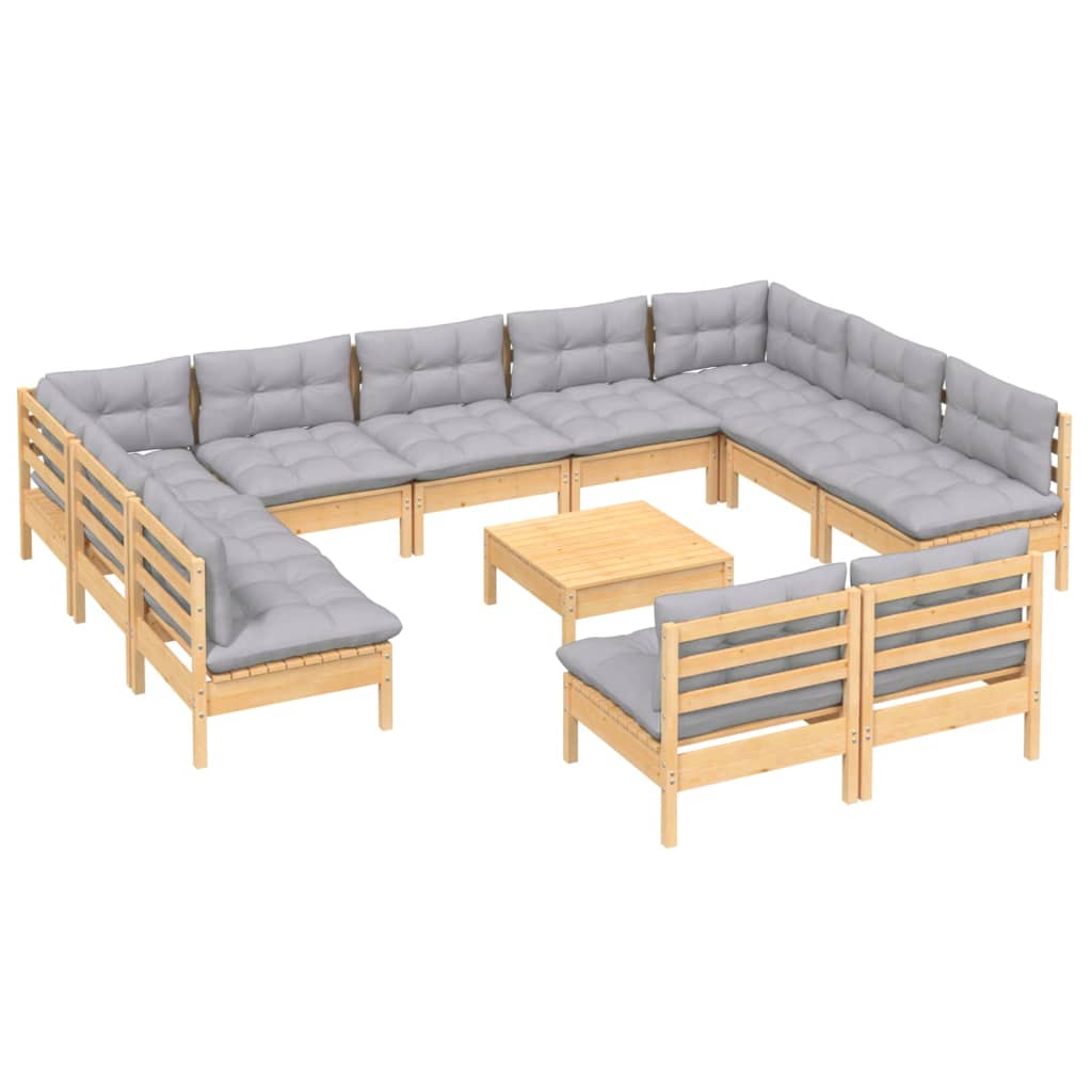 12Pcs conjunto lounge de jardim + almofadões cinza pinho maciço