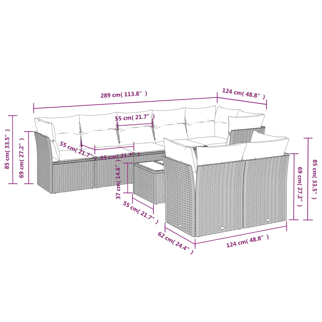 9 Pcs conjunto de sofás p/ jardim c/ almofadões vime PE preto
