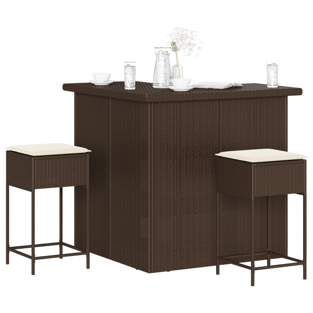 3 Pcs conjunto de bar p/ jardim com almofadões vime PE castanho