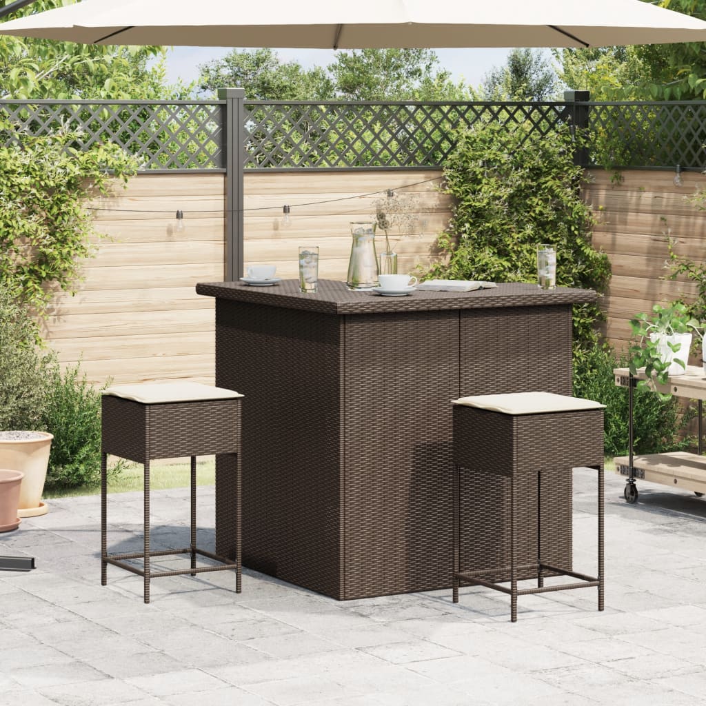 3 Pcs conjunto de bar p/ jardim com almofadões vime PE castanho