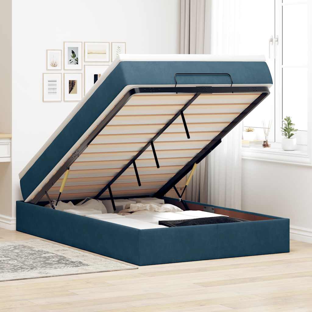 Cama otomana com colchão 120x190 cm veludo azul-escuro