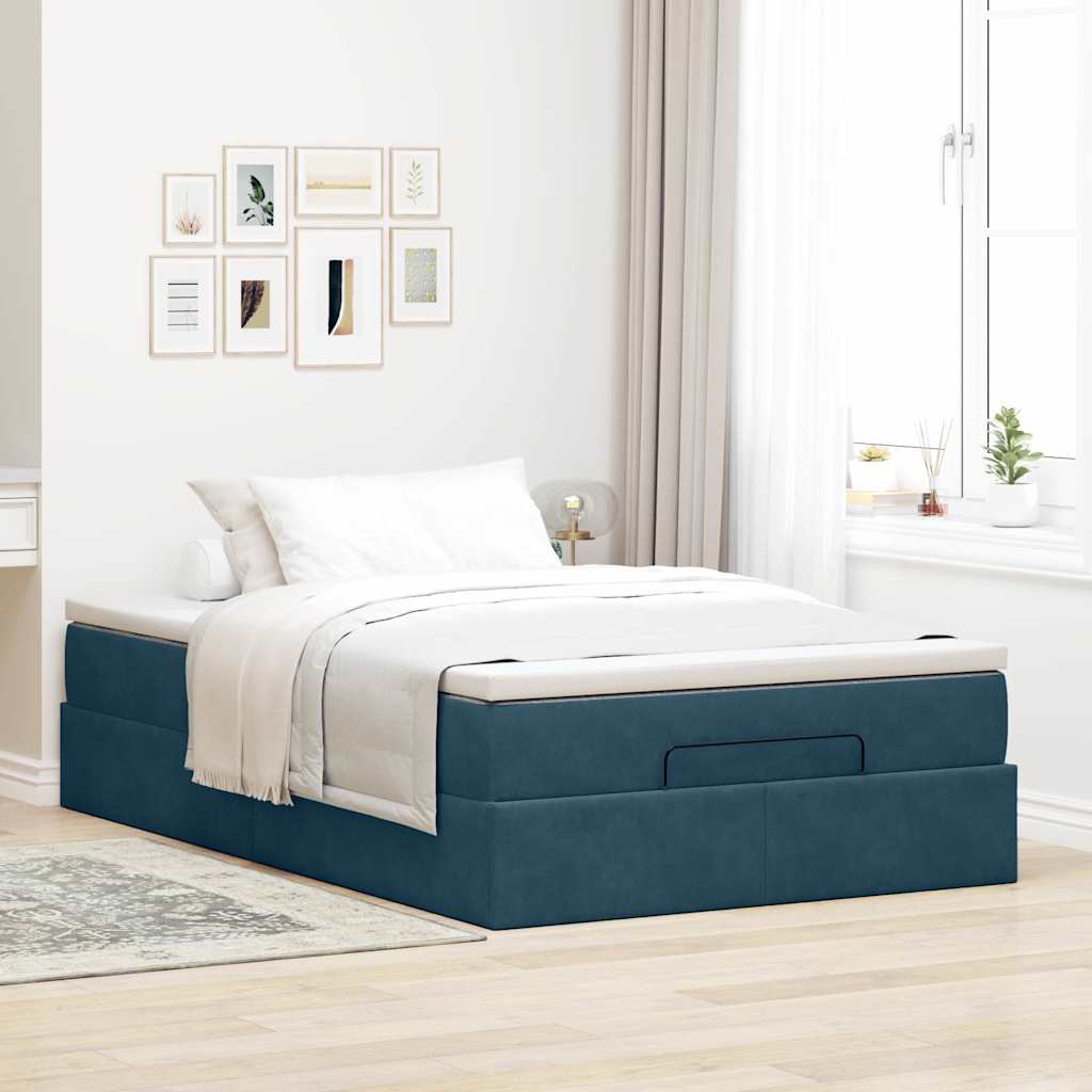 Cama otomana com colchão 120x190 cm veludo azul-escuro