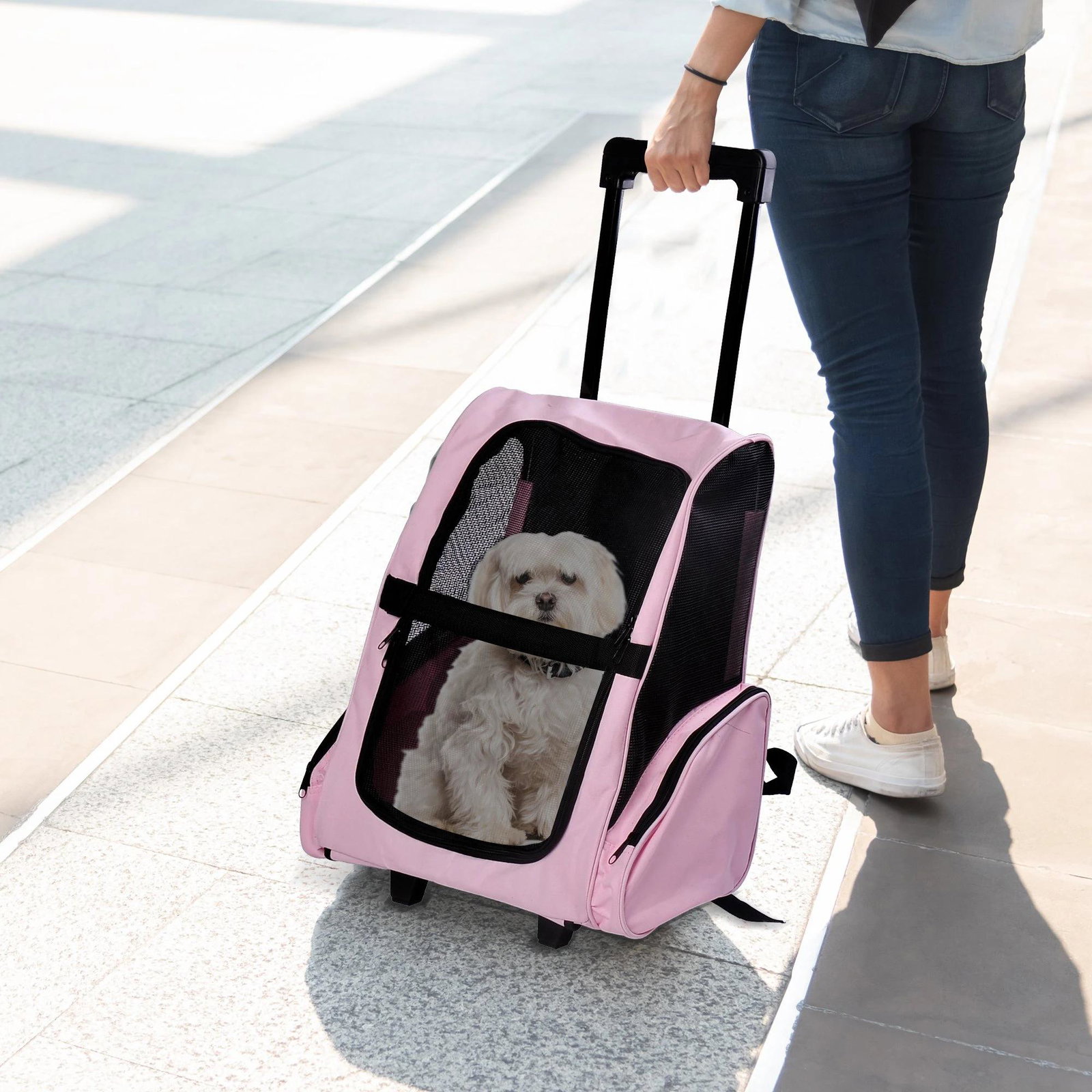 Transportadora 2 em 1 para Animais de Estimação Mochila ou Carrinho de Viagem para Cães e Gatos com 2 Rodas Alça Retrátil de Alu