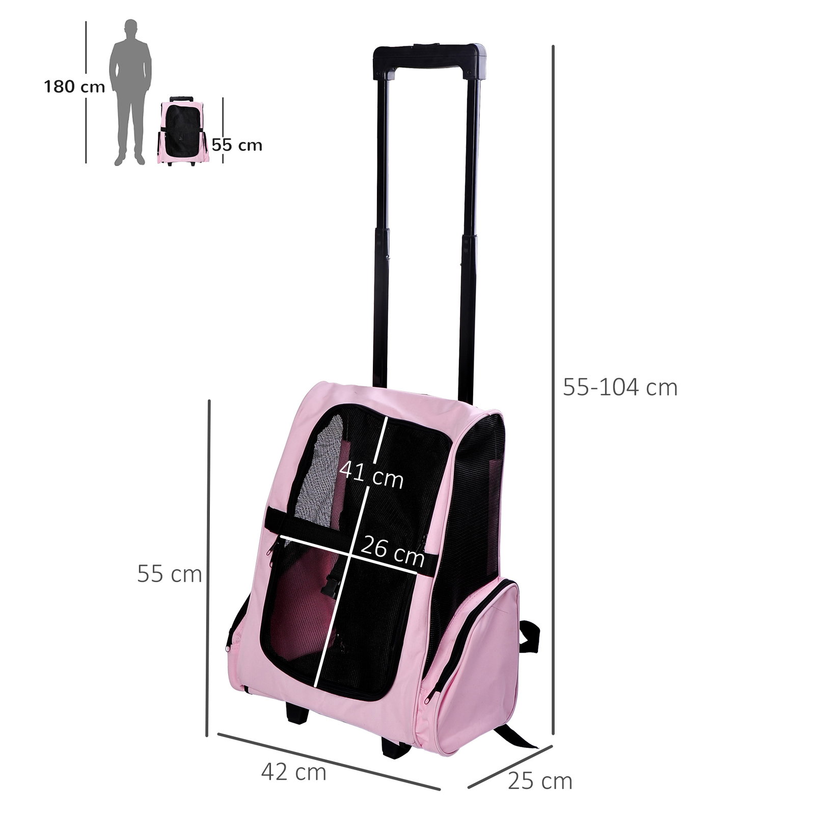 Transportadora 2 em 1 para Animais de Estimação Mochila ou Carrinho de Viagem para Cães e Gatos com 2 Rodas Alça Retrátil de Alu