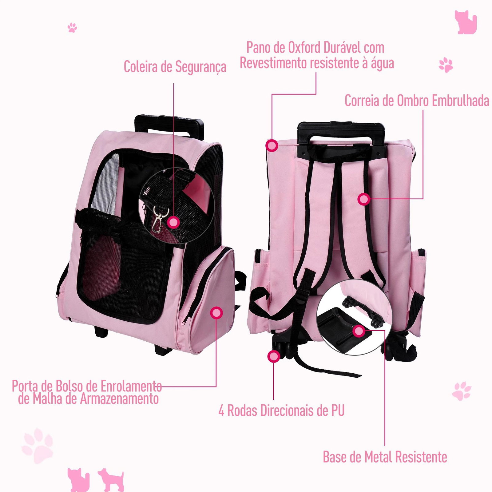 Transportadora 2 em 1 para Animais de Estimação Mochila ou Carrinho de Viagem para Cães e Gatos com 2 Rodas Alça Retrátil de Alu