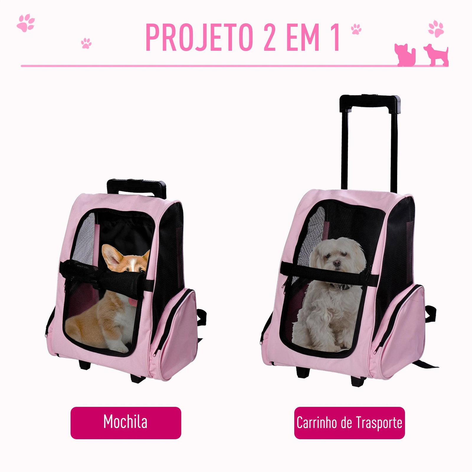 Transportadora 2 em 1 para Animais de Estimação Mochila ou Carrinho de Viagem para Cães e Gatos com 2 Rodas Alça Retrátil de Alu