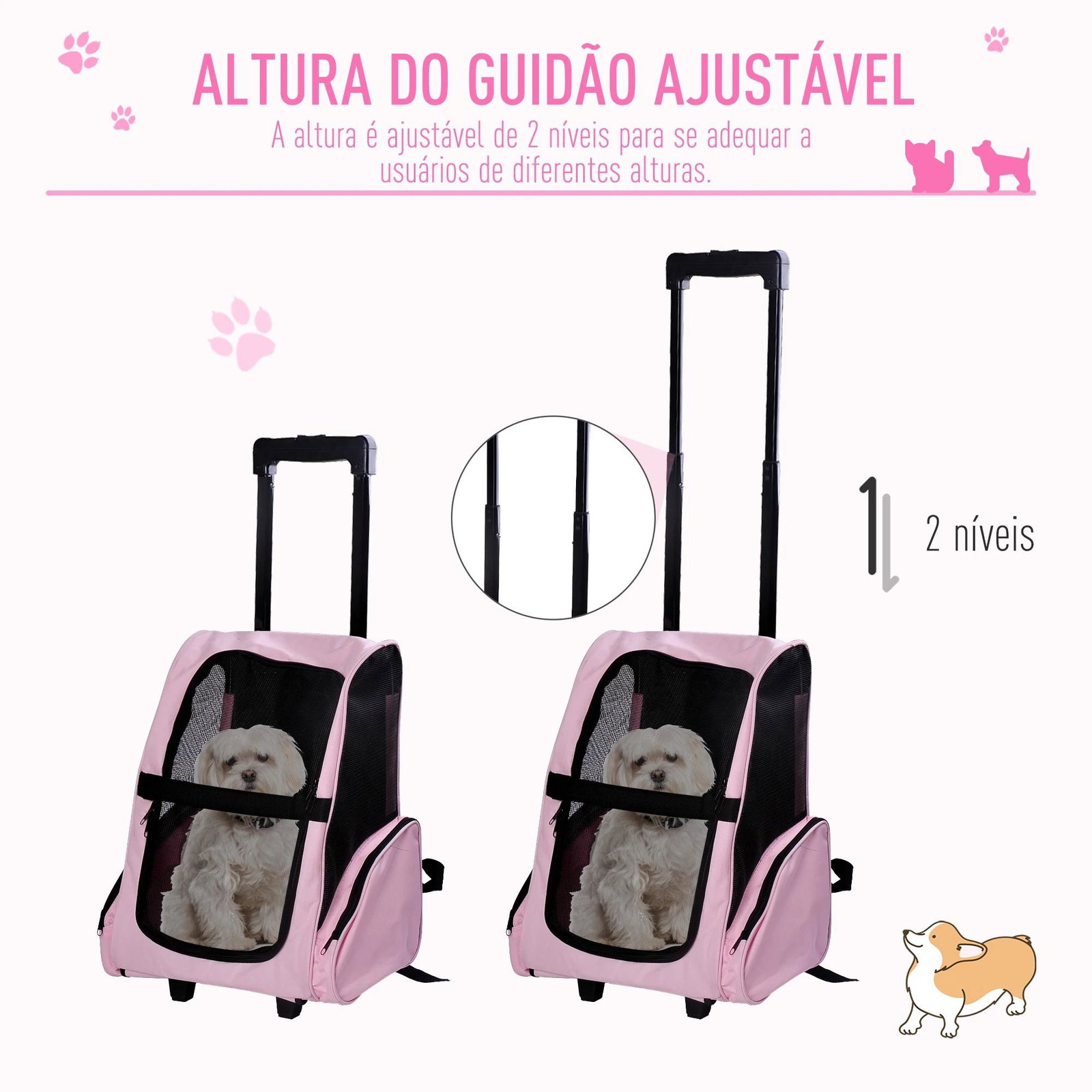 Transportadora 2 em 1 para Animais de Estimação Mochila ou Carrinho de Viagem para Cães e Gatos com 2 Rodas Alça Retrátil de Alu