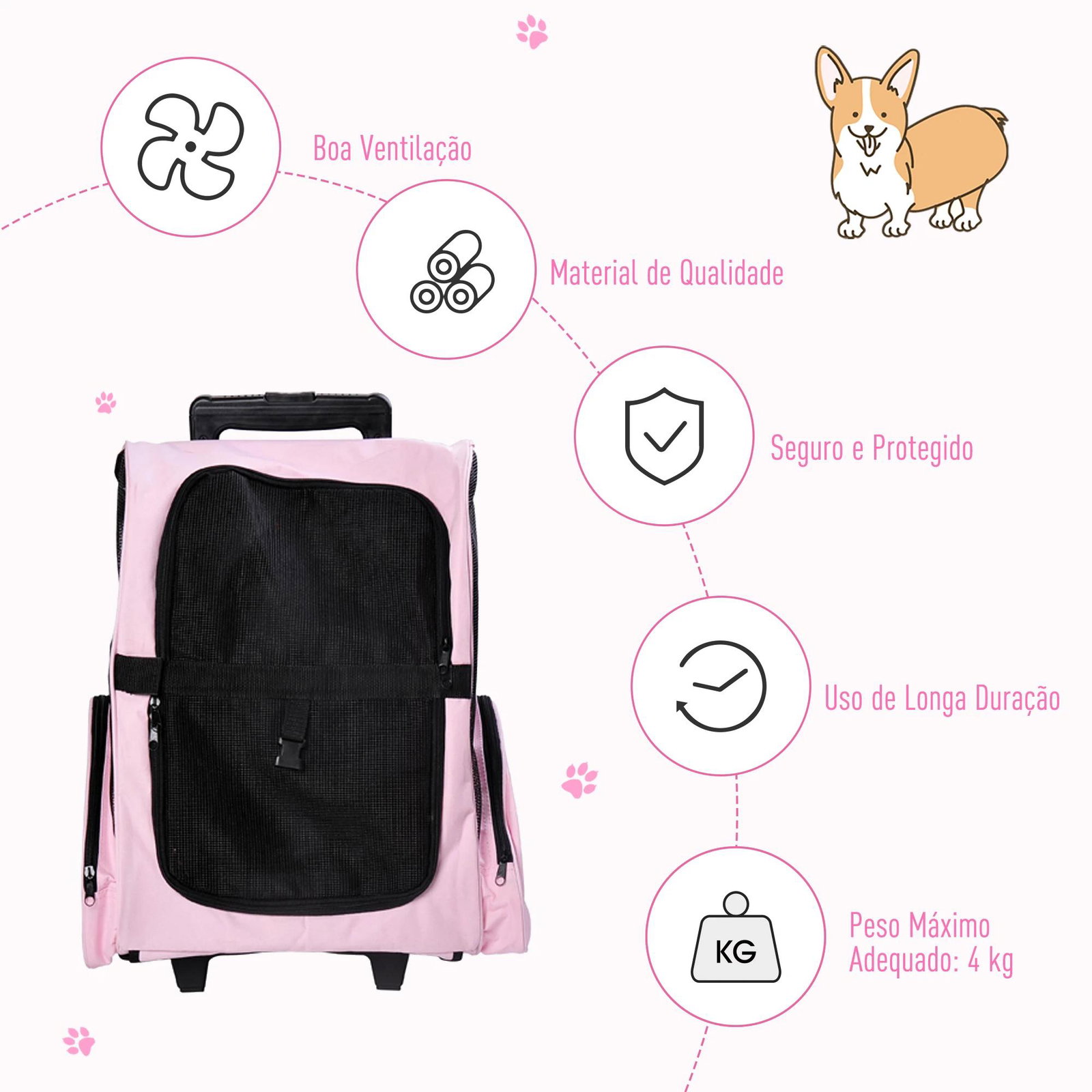 Transportadora 2 em 1 para Animais de Estimação Mochila ou Carrinho de Viagem para Cães e Gatos com 2 Rodas Alça Retrátil de Alu